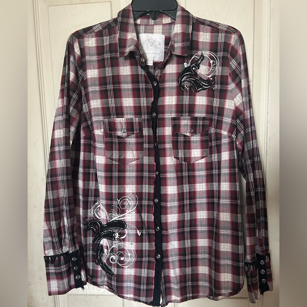 Red and Black Button Down Western Shirt with Artistic Plaid Design.   NWOT